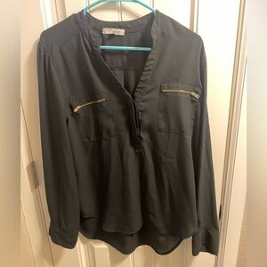 MNK Top XL Black Blouse Zip Pockets Long Sleeve Button Front Shirt